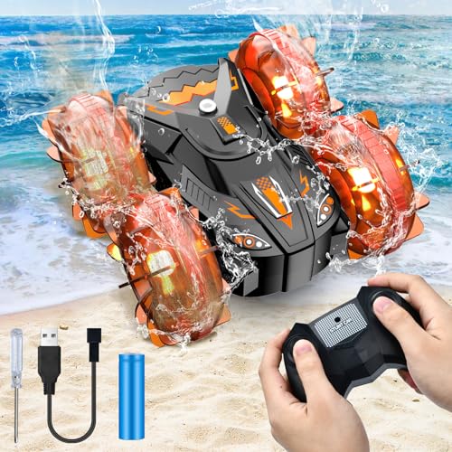 HONGNIX Amphibisches Ferngesteuertes Auto 360 Flip 4WD High Speed ​​RC Auto 2,4GHz Wasserdichter Draußen Spielzeug Car Off-Road Spielzeugauto für Kinder ab 3+ Jahre (Orange) von HONGNIX