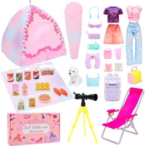 34-teiliges Puppen-Campingzelt-Spielset, Puppenkleidung und Zubehör für 29,1 cm große Mädchenpuppe – 2 Outfits, 1 Campingzelt und 31 weiteres Zubehör für 29,1 cm große Mädchenpuppen von HONLAELLA