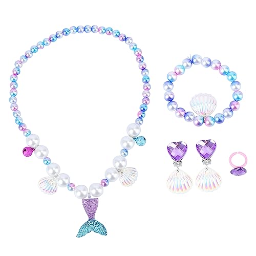 HONMEET 1 Satz Perlenkette Armband Mädchen Prinzessin Verkleiden Sich Muschelohrringe Ohrstecker Für Damen Accessoires Für Teenager-mädchen Armband Mit Muschelanhänger Violett Harz von HONMEET