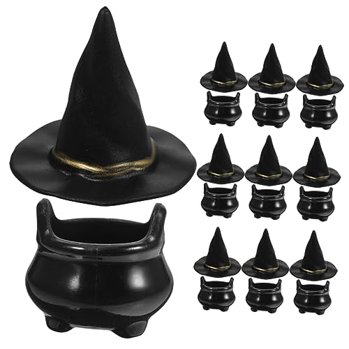 HONMEET 10 Sätze Halloween-hexenhut Miniaturkessel Halloween-miniaturfiguren Halloween-puppenhaus Mini-kessel Miniatur-puppenhut Halloween-miniatur-kesseltöpfe Mini-hut Plastik Black von HONMEET