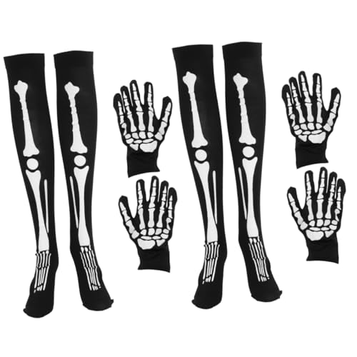 HONMEET 2 Sets Halloween Skelett Set Tag Der Toten Cosplay Haarschmuck Vollfinger Lange Handschuhe Halloween Cosplay Zubehör Halloween Kostüme Punk Kleidung Schwarz Spandex von HONMEET