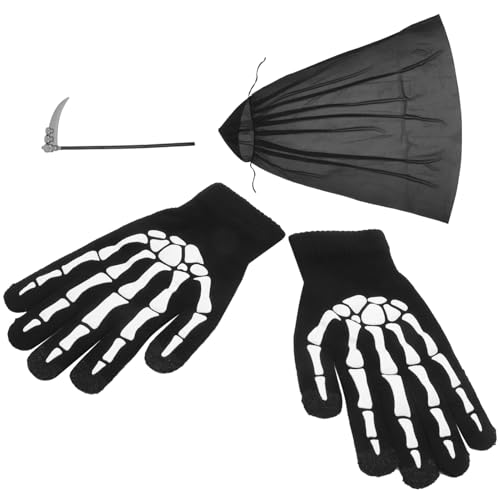 HONMEET Skelett Party mit Sense Schwarze Umhang Kapuze für Accessoires Anzüge Cape Kostüme für Handschuhe Cosplay Umhangdekoration Grim Requisiten Männer Vampir Halloween von HONMEET