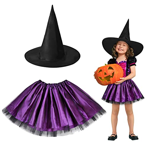 HONMOK 2 Stück Hexe Kostüm Mädchen Kinder Hexenkostüm Lila Hexe Tutu Rock mit schwarzem Hexenhut Mädchen Hexe Cosplay Kostüm für Karneval Fasching Kostümparty Rollenspiele Halloween von HONMOK