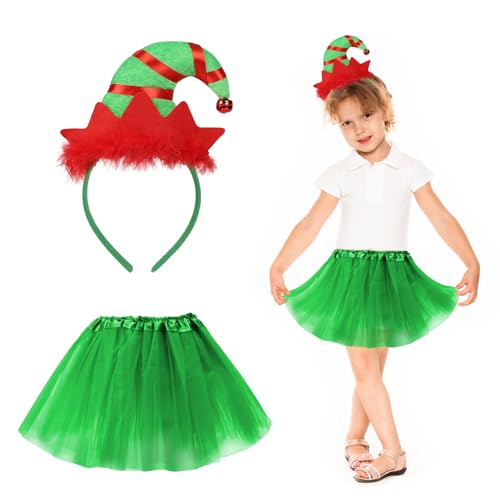 HONMOK 2 Stück Weihnachtself Kostüm Mädchen Weihnachten Elf Kostüm Kinder Elfenkostüm mit Grün Tutu Rock Haarreif Elf Weihnachtskostüm Wichtel Kostüm für Weihnachten Party Xmas Karneval Fasching von HONMOK