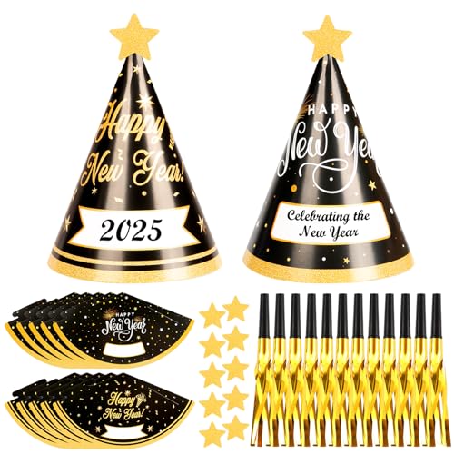 HONMOK 24 Stück Silvester Deko 2025 Neujahr Partyhüte Schwarz Gold Frohes Neues Jahr Hüte mit Partytröten Silvester Accessoires Happy New Year Foto Requisiten für Neujahr Party Dekoration von HONMOK