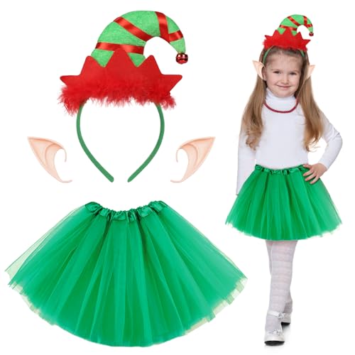 HONMOK 3 Stück Weihnachtself Kostüm Kinder Wichtel Mädchen Kostüm mit Grün Tutu Rock Haarreif und Elfenohren Weihnachtskostüm Elfen Kostüm für Weihnachtsfeier Xmas Party Karneval Fasching von HONMOK