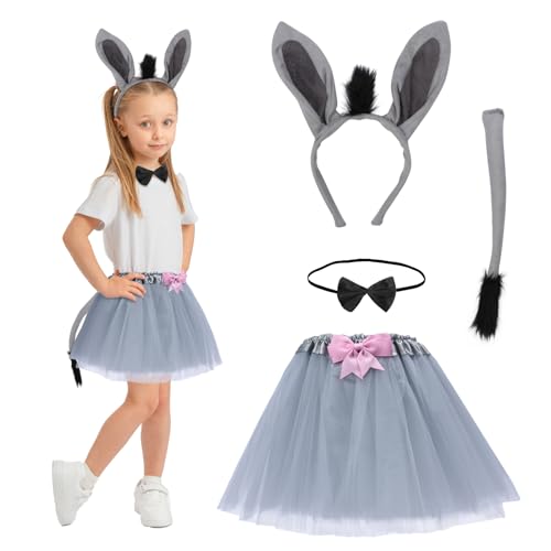 HONMOK 4 Stück Esel Kostüm Kinder Eselohren Stirnband Eselsschwanz Schleife Grau Tutu Rock Mädchen Tier Cosplay Kostüm für Halloween Karneval Fasching Mottoparty Geburtstag Rollenspiele von HONMOK