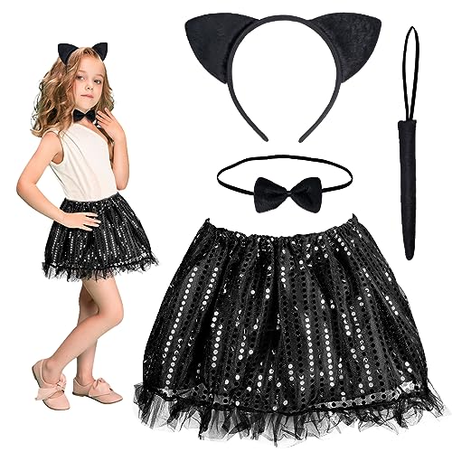 HONMOK 4 Stück Katzen Kostüm Kinder Katzenohren Stirnband Schwarz Pailletten Tutu mit Schwanz Schleife Mädchen Tierkostüm Kätzchen Kostüm Katze Cosplay Kostüm für Halloween Karneval Fasching Party von HONMOK