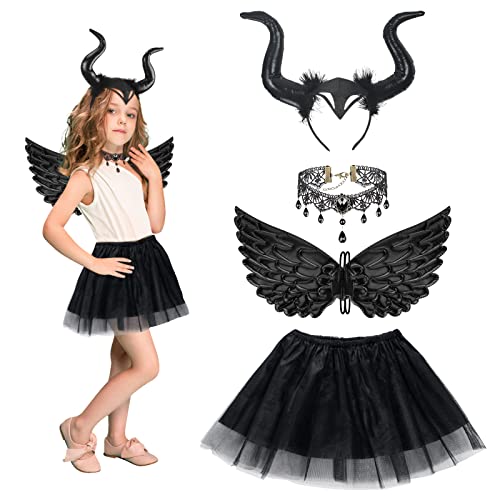 HONMOK 4 Stück Königin Hörner Kostüm Kinder Schwarz Tutu mit Maleficent Hörner Haarreif Flügel Halskette Böse Königin Halloween Kostüm Mädchen Teufel Cosplay für Halloween Karneval Fasching von HONMOK