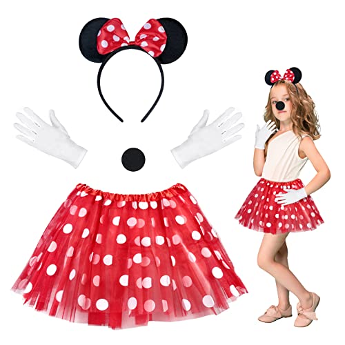 HONMOK 4 Stück Minnie Maus Kostüm Set mit Maus Ohren Haarreifen Gepunkteter Tutu Rock mit Nase Weiße Handschuhe Mädchen Minnie Cosplay Set für Halloween Cosplay Karneval Mottoparty von HONMOK