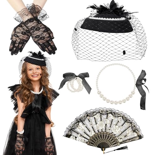 HONMOK 5 Stück 20er Jahre Kinder Kostüm Teeparty Halskette Netz Spitzenhandschuhe und Hut Schwarze Faltfächer Mädchen 1920er Accessoires Kleid Zubehör Set für Karneval Walpurgisnacht Fasching Party von HONMOK