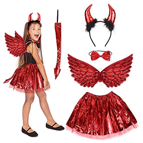 HONMOK 5 Stück Teufel Kostüm Kinder Rot Flügel Tutu mit Teufelsohren Stirnband Schwanz Schleife Mädchen Teufelshörner Cosplay Kostüm Set für Halloween Karneval Fasching Rollenspiele von HONMOK