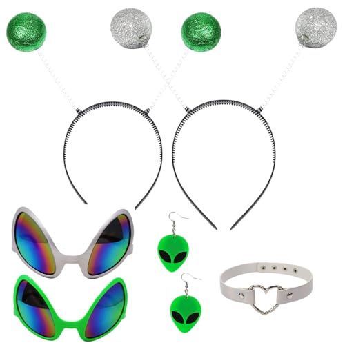 HONMOK 6 Stück Alien Stirnband Alien Brille Martian Antenne Stirnband Alien Ohrringe Leder Halsband Alien Kostüm Set Head Boppers für Halloween Karneval Fasching Foto Requisiten von HONMOK