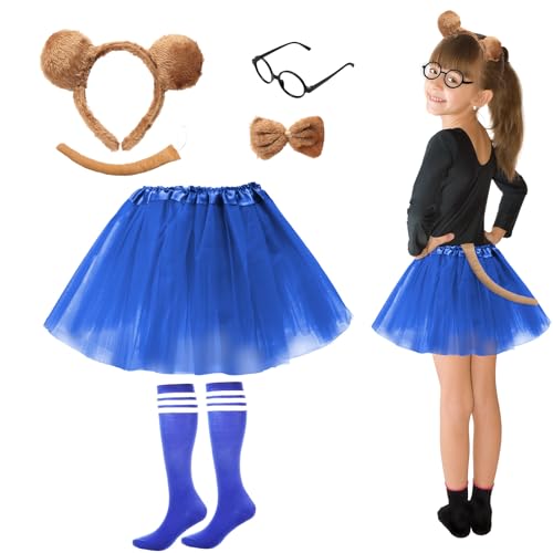 HONMOK 6 Stück Streifenhörnchen Kostüm Kinder Chipmunks Cosplay Kostüm Zubehör Streifenhörnchen Ohren Stirnband Blaue Streifen Kniestrümpfe mit Tutu Rock Schwanz Fliege für Mädchen Karneval Fasching von HONMOK