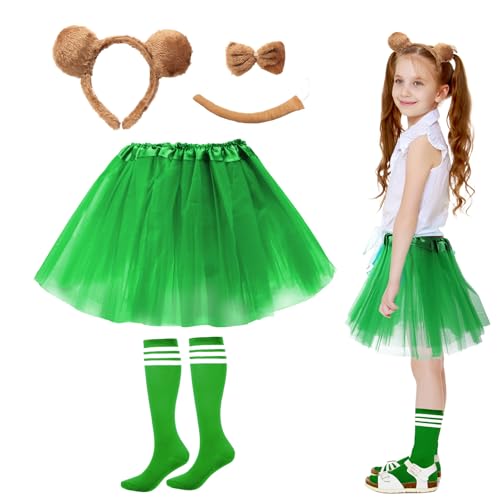 HONMOK 6 Stück Streifenhörnchen Kostüme Set Kinder Chipmunks Set gestreifte Kniestrümpfe Streifenhörnchen Ohren Stirnband Grüne Tutu Rock Schwanz Fliege Tierkostüm Zubehör für Halloween Weihnachten von HONMOK