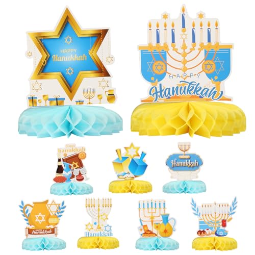 HONMOK 9 Stück Chanukka Bienenwabe Tischdekoration Stern Menora Dreidel Chanukkah Waben Mittelstück Happy Chanukka Tischaufsätze für Jüdische Hanukkah Party Zuhause Wohnzimmer Deko von HONMOK