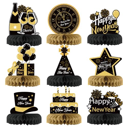 HONMOK 9pcs Neujahr Bienenwabe Deko Papier Bienenwaben Mittelstück Tischdekoration 2025 Silvester Party Tischddeko Schwarz Gold Neujahr Waben Ornamente Tischaufsätze für Neujahr Party Foto Requisiten von HONMOK