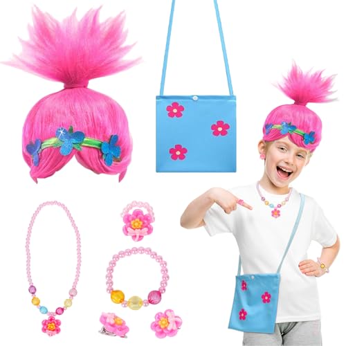 HONMOK 7pcs Poppy Kostüm Kinder Mädchen Trolls Perücke Set mit Halsketten Armbänder Ohrringe Ringe Handtasche Trolls Prinzessin Kostüm Outfit für Karneval Fasching Cosplay Halloween Geburtstag von HONMOK