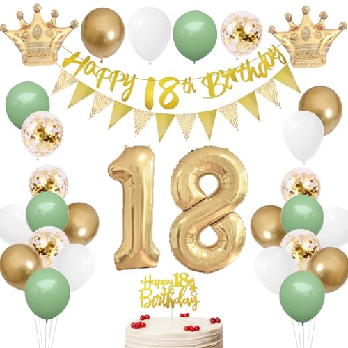 18. Geburtstag Deko Mädchen Junge mit Banner 18 Geburtstag Girlande 18 Luftballons Tortendeko Geburtstag Salbeigrün Weiß Gold Geburtstag Ballons für 18re Party Deko, Geschenkideen zum 18 Geburtstag von HONZSAN