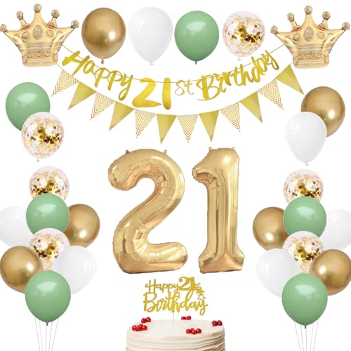 21 Geburtstag Deko Männer Frauen mit Banner 21 Geburtstag Girlande 21 Luftballons Tortendeko Geburtstag Salbeigrün Weiß Gold Geburtstag Ballons für 21 Party Deko, Geschenkideen zum 21 Geburtstag von HONZSAN