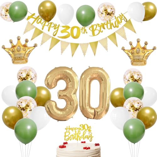 30 Geburtstag Deko Männer Frauen mit Banner 30 Geburtstag Girlande 30 Luftballons Tortendeko Geburtstag Salbeigrün Weiß Gold Geburtstag Ballons für 30re Party Deko, Geschenkideen zum 30 Geburtstag von HONZSAN