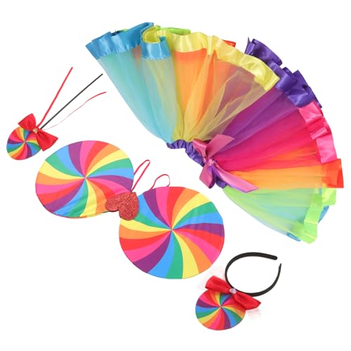 HOODANCOS Halloween Mädchen Kostüm Regenbogen Tutu Kleid Große Schleife Stirnband Fee Zauberstab Flügel Cosplay Requisiten Für Bühnenauftritt von HOODANCOS