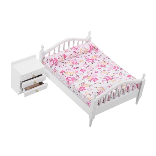 HOOTNEE 1 Set Puppenhausbett Nachttisch Nachttisch Puppenbett Spielzeughaus Wohnaccessoires Nachttisch Weiß Miniaturbett Modell Minihaus Bett Minihaus Puppenbett Minimodell Stoff von HOOTNEE