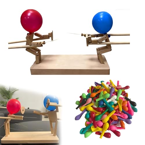 HOPASRISEE Wooden Fencing Puppets Balloon, Whack A Balloon Game, Balloon Bamboo Man Battle, Handmade Wooden Fencing Puppets, Wooden Bots Battle Game for 2 Players (1pcs+100Balloon) von HOPASRISEE