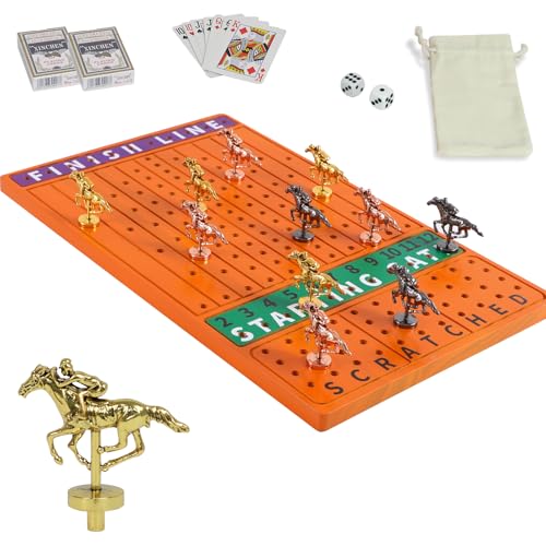 HOROW Pferderennen-Brettspiel, Massivholz, Pferderennen, Karten- und Würfel-Brettspiel, Luxus-Edition-Set mit 11 Metallpferden, 2 Würfeln und 2 Kartons (rechteckig, roter Pfirsich) von HOROW