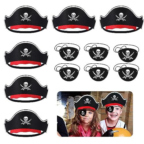 HORREX 12 Stück Piraten Zubehör Kinder, 6 Stück Piratenhut Kinder 6 Stück Augenklappe Pirat Filz Augenmaske Schädel Piraten Hut Accessoires für Kindergeburtstag Halloween Maskerade Piratenparty von HORREX