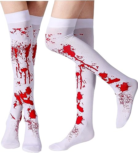 HORREX Halloweenblutsocken Halloween Dekoration Blutige StrüMpfe Oberschenkel hohe Lange StrüMpfe üBer Knie Frauen üBer den Kniesocken Blutfleckige Socken Blutbefleckte Socken Halloween Party von HORREX