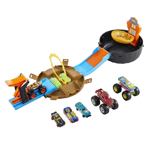 Hot Wheels Monster Trucks Stunt Reifen Spielset, enthält 3 Monster Trucks und 3 Fahrzeuge im Maßstab 1:64, Geschenk für Kinder im Alter von 4 bis 8 Jahren, HHY74 von Hot Wheels