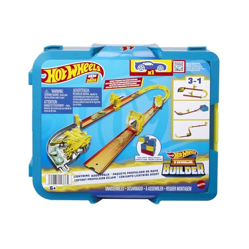 Hot Wheels Blitz-Starter-Set - Modulare Aufbewahrungsbox mit Track-Bauteilen wie Blitz- und Kurvenbeschleunigern, Flippern und geraden Tracks, inklusive 1 Auto, für Kinder ab 4 Jahren, HMC03 von Hot Wheels