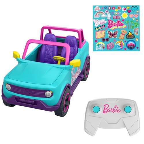 Hot Wheels Ferngesteuertes Auto, Barbie Ferngesteuerter SUV mit Aufklebern, kann 2 Barbie-Puppen Plus Zubehör aufnehmen, individuelle Gestaltung durch aufklebbare Sticker, HTP53 von Hot Wheels