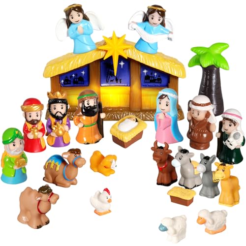 HOTFUN Kids Krippe Set mit Licht 25 tlg Streu Krippenspielset Weihnachtsgeschichte Figuren Kleinkinder Krippe Set mit Baby Jesus Maria Joseph Krippe Krippe Kinderkrippe für Kinder Vorschule von HOTFUN