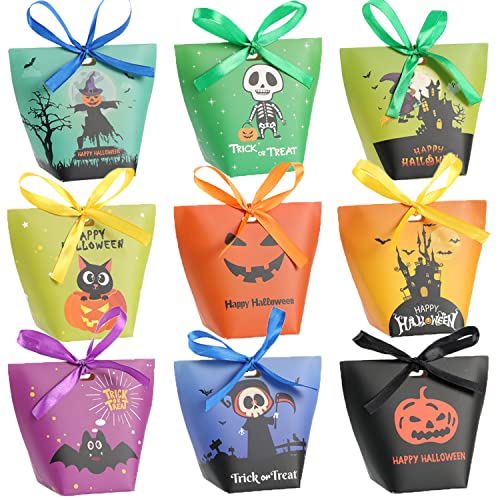 Halloween Süßigkeiten Taschen Leckereien Taschen - 36 Stück süße Papier Halloween Goodie Bags mit 36 Stück Schlüsselanhänger, 9 Muster Geschenktüten Halloween Party Favors für Kinder Halloween Dekor von HOTSAN