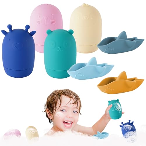 HOTUT Badewannenspielzeug, 7 Stück Baby Silikon Badetier, Badewannen Spielzeug, Badespielzeug BPA-Free Wasserspielzeug Baby, Süße Bade Spritztiere, Geschenke für Babys und Kleinkinder von HOTUT