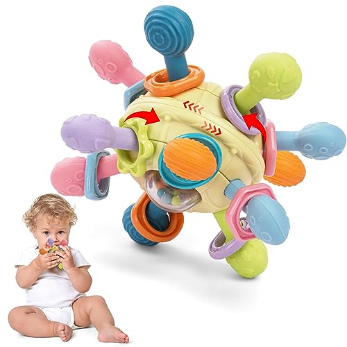 HOTUT Beißring Baby Spielzeug, Sensorik Rassel Greifball aus Silikon, Beißspielzeug Baby ab 3 Monate, sensorische BeißringSpielzeug, Montessori Motorik Spielzeug, Baby Ball Geschenk für 3-18 Monate von HOTUT