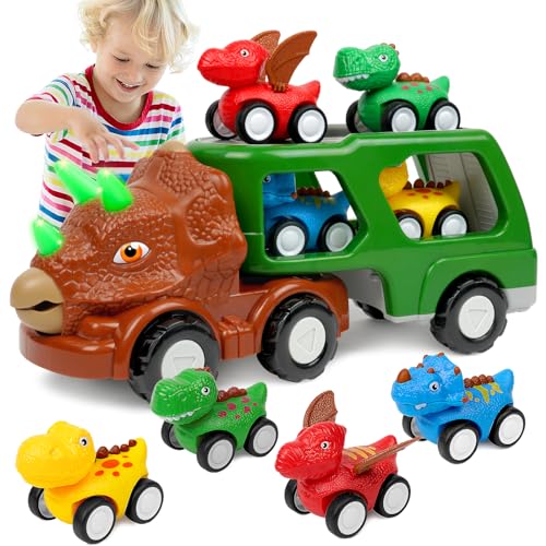 HOTUT Transporter LKW Spielzeug Autos, 5 in 1 Dinosaurier LKW Spielzeug für Kinder mit Licht und Musik, LKW Auto Transporter Spielzeug mit Mini Autos ab 3-5 Jahr Jungen Mädchen von HOTUT