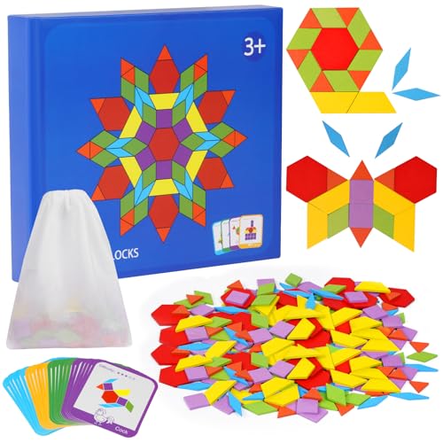 HOTUT Geometrische Formen Holzpuzzles, Tangram Montessori Bausteine mit 155 geometrischen Formen und 24 Designkarten Geeignet, Tangram Kinder, Holzmusterblöcke für Kinder Mädchen Jungen von HOTUT