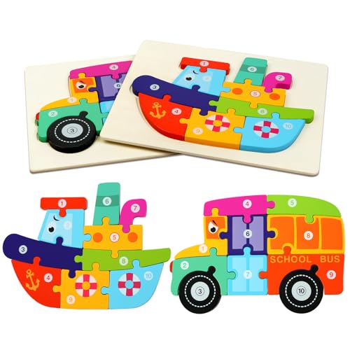 HOTUT Holzpuzzle Spielzeug, 2 Stück Montessori Spielzeug Puzzle, Holzpuzzle ab 1 2 3 Jahren, 3D Kreativ Lernspielzeug für Kinder, Lernendes pädagogisches Baby Puzzle, Geschenk für Jungen Mädchen von HOTUT