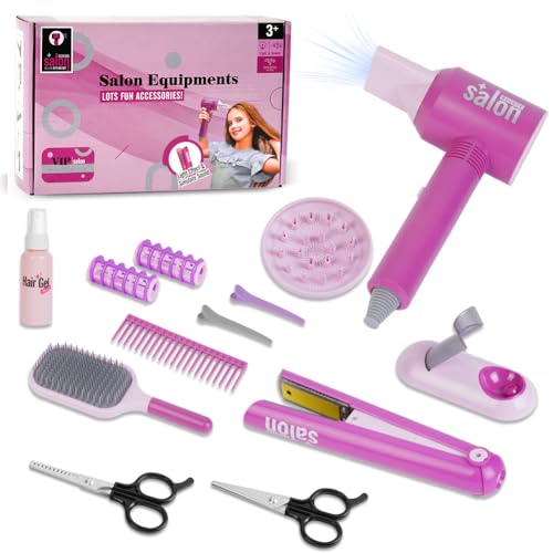 HOTUT Kinder Friseursalon Set, 12 Stücke Friseur Set Kinder, mit Haartrockner, Haarglätter, Kamm, Schere, Frisör Spielzeug Geschenke für Mädchen, Haarspielzeug für Mädchen ab 3 Jahren von HOTUT