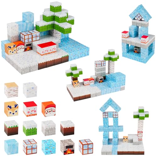 HOTUT Magnetische Bausteine,96 Teile Magnetisches Spielzeug,Build Mine Magnet Welt Set,Magnet Montessori Spielzeug für Jungen Mädchen Schnee und EIS von HOTUT