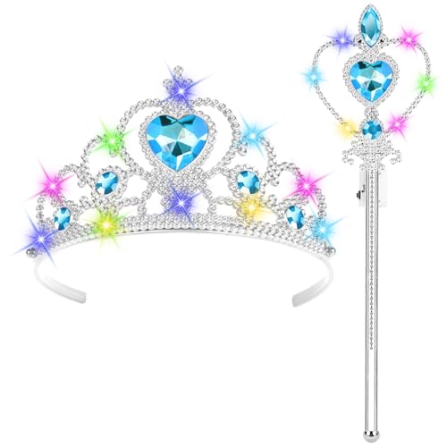 HOTUT Prinzessin Verkleiden,Prinzessin Zubehör Set,Eiskönigin Krone und Zauberstab mit Licht,Prinzessin Dress Up,Mädchen Dress up Zubehör für Party, Cosplay（Blau） von HOTUT