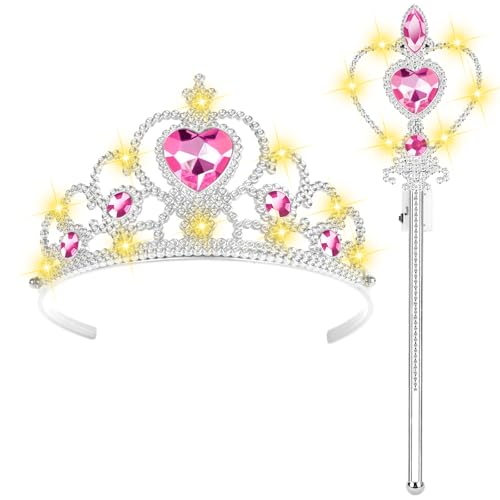 HOTUT Prinzessin Verkleiden,Prinzessin Zubehör Set,Eiskönigin Krone und Zauberstab mit Licht,Prinzessin Dress Up,Mädchen Dress up Zubehör für Party, Cosplay（Magentarosa） von HOTUT