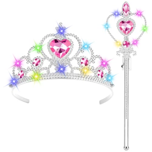 HOTUT Prinzessin Verkleiden,Prinzessin Zubehör Set,Eiskönigin Krone und Zauberstab mit Licht,Prinzessin Dress Up,Mädchen Dress up Zubehör für Party, Cosplay（Magentarosa） von HOTUT