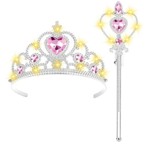 HOTUT Prinzessin Verkleiden,Prinzessin Zubehör Set,Eiskönigin Krone und Zauberstab mit Licht,Prinzessin Dress Up,Mädchen Dress up Zubehör für Party, Cosplay（Rosa） von HOTUT