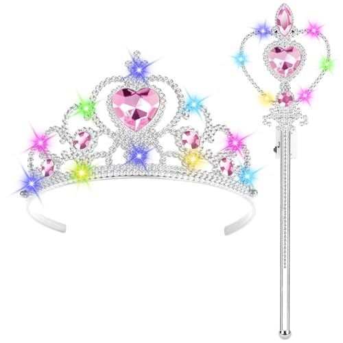 HOTUT Prinzessin Verkleiden,Prinzessin Zubehör Set,Eiskönigin Krone und Zauberstab mit Licht,Prinzessin Dress Up,Mädchen Dress up Zubehör für Party, Cosplay（Rosa） von HOTUT