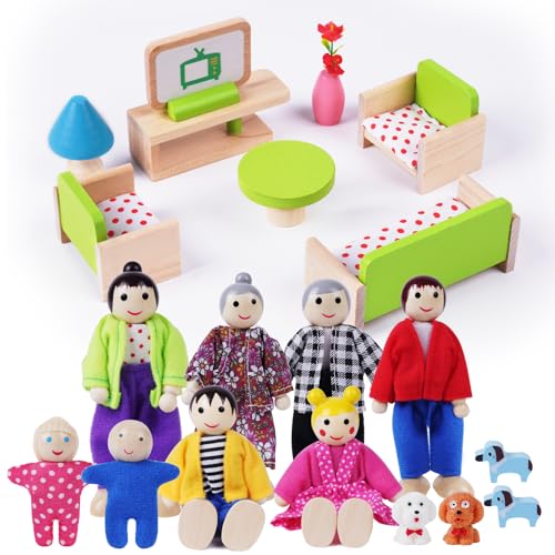 HOTUT Puppenhaus Möbel set aus Holz, 20 Stück Puppenhaus Möbel mit 8 Puppenfamilien, Mini Puppenhaus Möbel puppenhaus zubehör, Rollenspiel Spielzeug für Kinder Spiel Geschenk von HOTUT