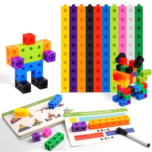 HOTUT Steckwürfel, 100 Stück Math Cubes, rechenwürfel grundschule mit 18 Lehrkarten und löschbarer Stift, Lernen Lernspiele, mathematische würfel Geschenk ab 3-8 Jahren Jungen und Mädchen von HOTUT